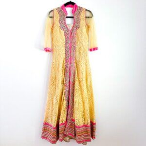 Neerus Indian Anarkali Long Dress Gown (L) US SMALL Yellow Pink Lace Embroidery